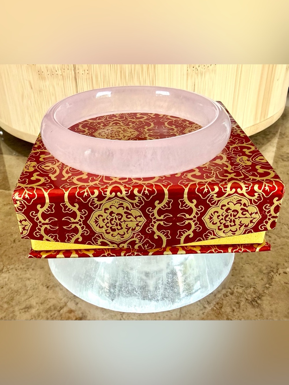 Pale Rose Quartz Gemstone Bangle Bracelet_Handmade_with Storage Case_Sz 62.9mm